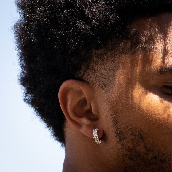 Mens Iced Princess Cut Gold Plated Sterling Silver Rockstar Spike Hoop Earrings - Picture 3 of 5